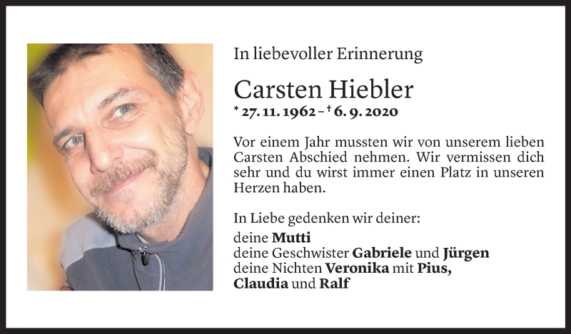  Todesanzeige für Carsten Hiebler vom 03.09.2021 aus Vorarlberger Nachrichten