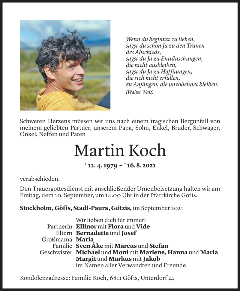  Todesanzeige für Martin Koch vom 08.09.2021 aus Vorarlberger Nachrichten