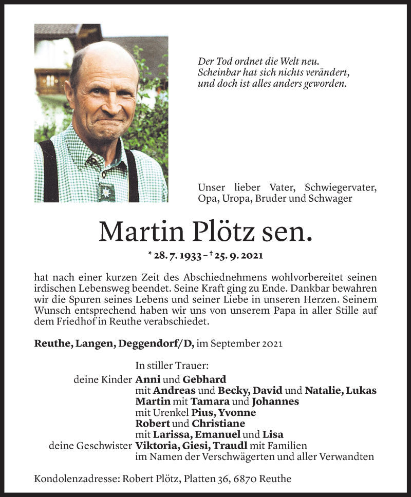  Todesanzeige für Martin Plötz sen. vom 02.10.2021 aus Vorarlberger Nachrichten
