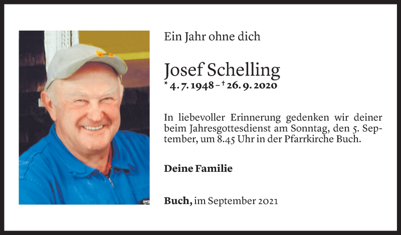  Todesanzeige für Josef Schelling vom 03.09.2021 aus Vorarlberger Nachrichten