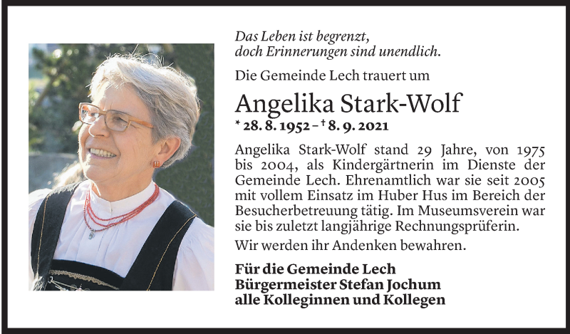  Todesanzeige für Angelika Stark-Wolf vom 14.09.2021 aus Vorarlberger Nachrichten