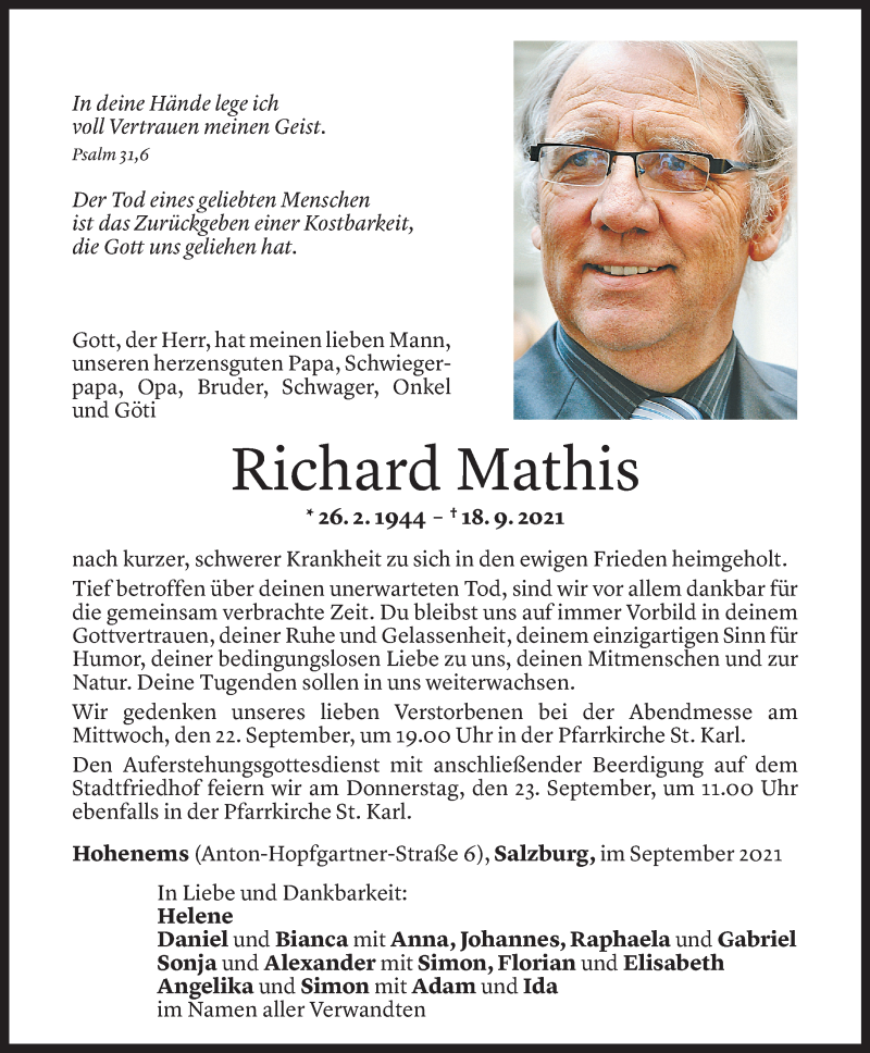  Todesanzeige für Richard Mathis vom 21.09.2021 aus Vorarlberger Nachrichten