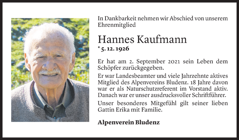  Todesanzeige für Hannes Kaufmann vom 06.09.2021 aus Vorarlberger Nachrichten