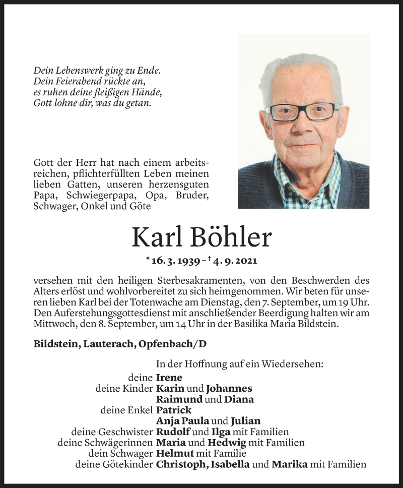  Todesanzeige für Karl Böhler vom 05.09.2021 aus Vorarlberger Nachrichten