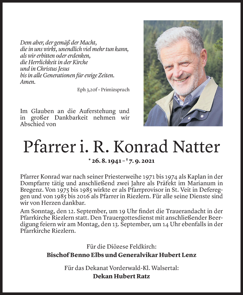  Todesanzeige für Konrad Natter vom 10.09.2021 aus Vorarlberger Nachrichten