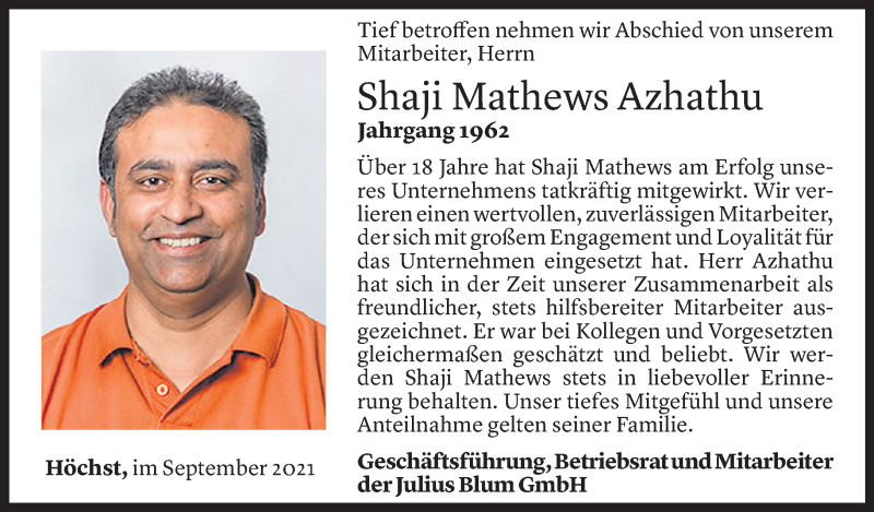  Todesanzeige für Shaji Mathews Azhathu vom 10.09.2021 aus Vorarlberger Nachrichten