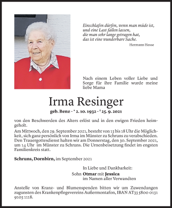 Todesanzeige von Irma Resinger von Vorarlberger Nachrichten