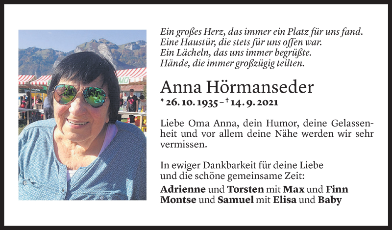  Todesanzeige für Anna Hörmanseder vom 15.09.2021 aus Vorarlberger Nachrichten