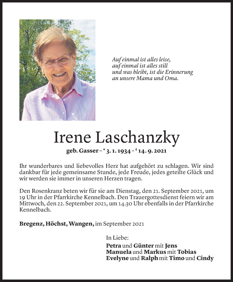  Todesanzeige für Irene Laschanzky vom 17.09.2021 aus Vorarlberger Nachrichten
