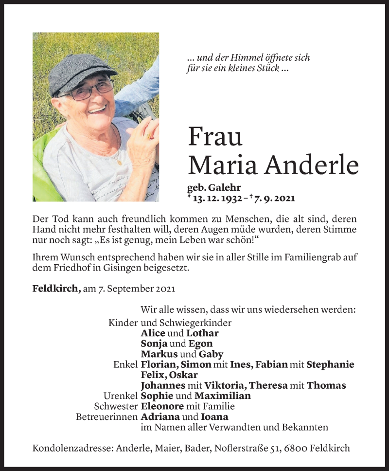  Todesanzeige für Maria Anderle vom 18.09.2021 aus Vorarlberger Nachrichten