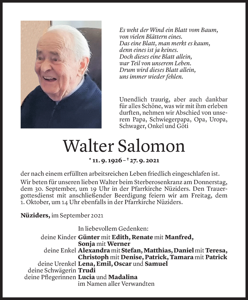  Todesanzeige für Walter Salomon vom 29.09.2021 aus Vorarlberger Nachrichten