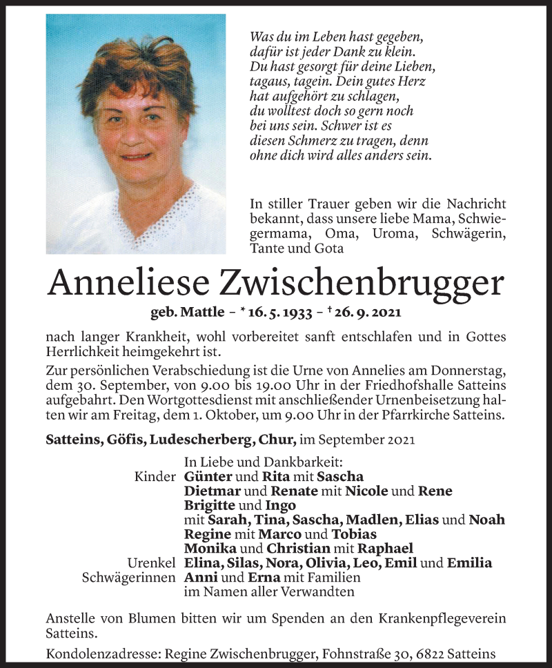  Todesanzeige für Anneliese Zwischenbrugger vom 28.09.2021 aus Vorarlberger Nachrichten
