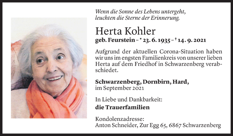 Todesanzeige für Herta Kohler vom 22.09.2021 aus Vorarlberger Nachrichten