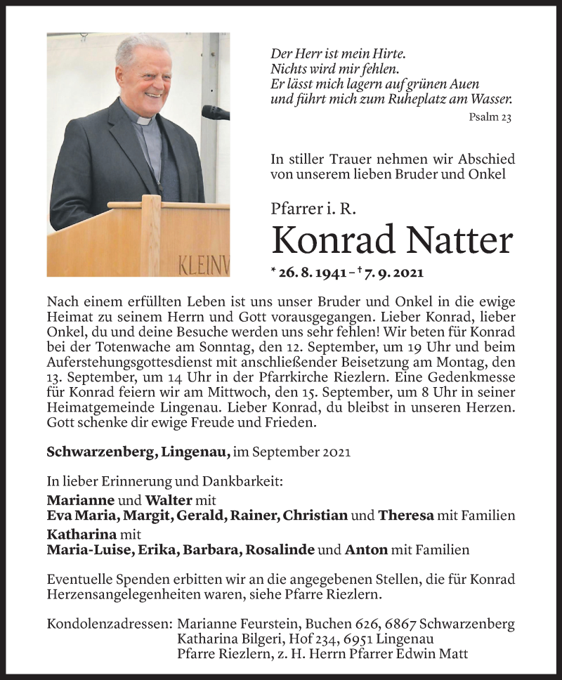  Todesanzeige für Konrad Natter vom 09.09.2021 aus Vorarlberger Nachrichten