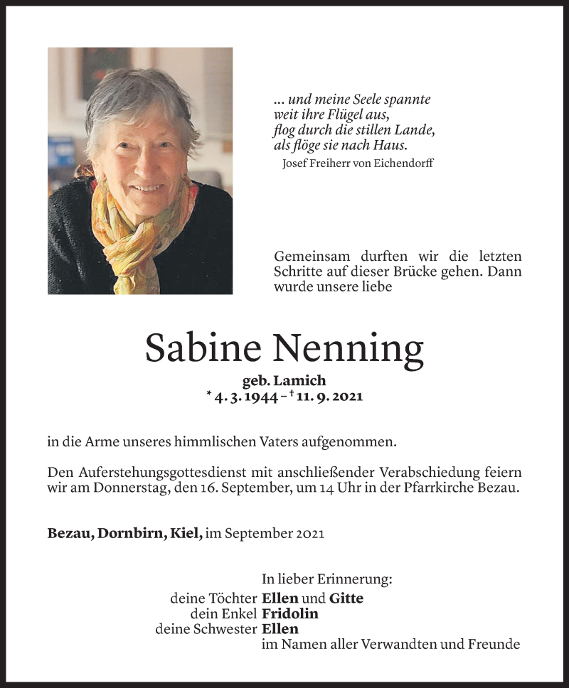  Todesanzeige für Sabine Nenning vom 13.09.2021 aus Vorarlberger Nachrichten