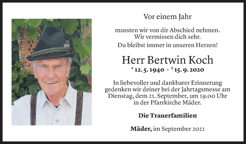  Todesanzeige für Bertwin Koch vom 16.09.2021 aus Vorarlberger Nachrichten