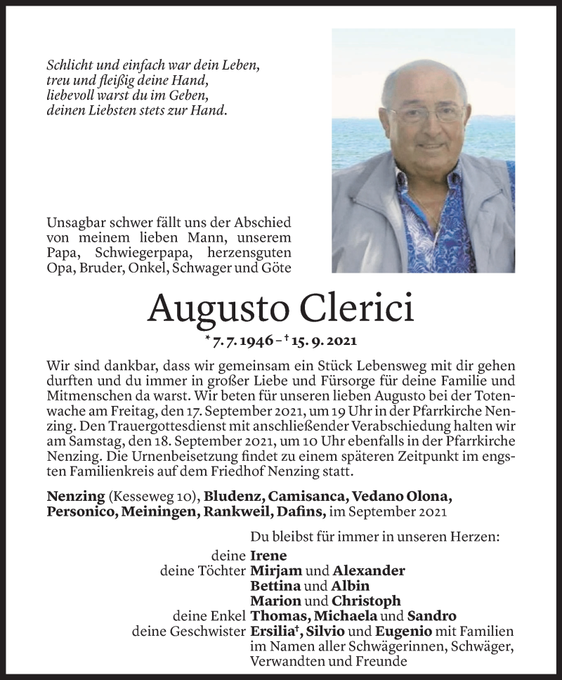  Todesanzeige für Augusto Clerici vom 15.09.2021 aus Vorarlberger Nachrichten