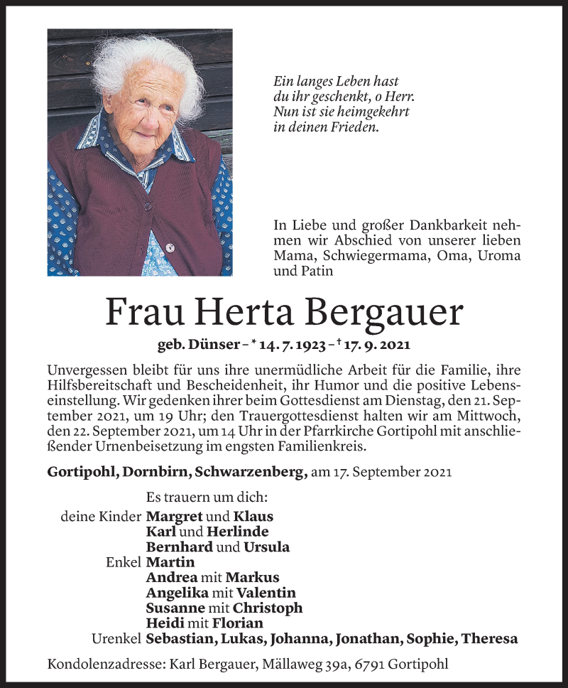  Todesanzeige für Herta Bergauer vom 19.09.2021 aus Vorarlberger Nachrichten