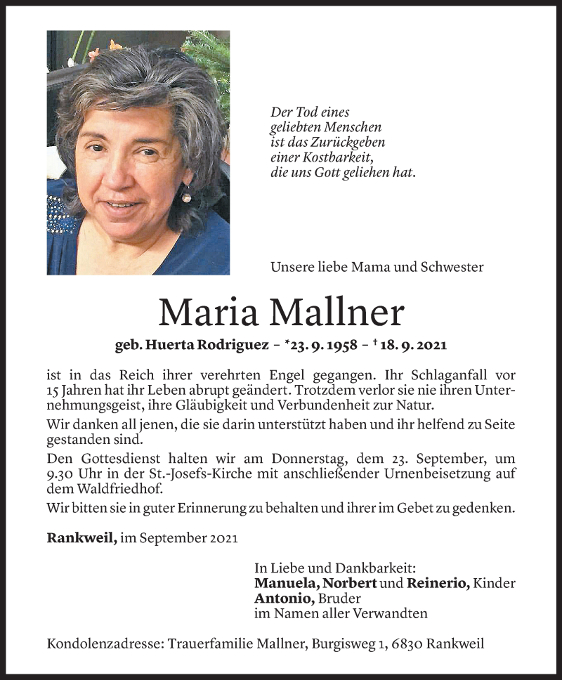  Todesanzeige für Maria Mallner vom 21.09.2021 aus Vorarlberger Nachrichten