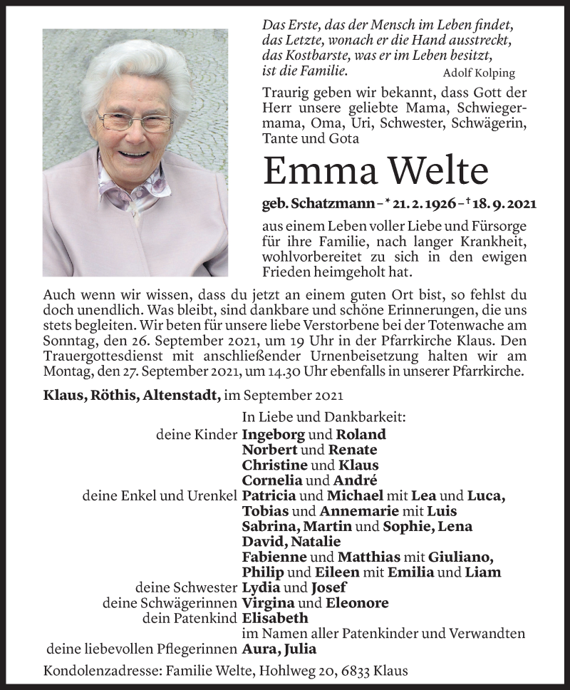  Todesanzeige für Emma Welte vom 22.09.2021 aus Vorarlberger Nachrichten