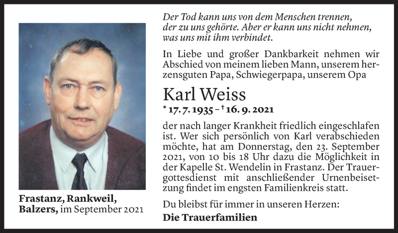  Todesanzeige für Karl Weiss vom 22.09.2021 aus Vorarlberger Nachrichten