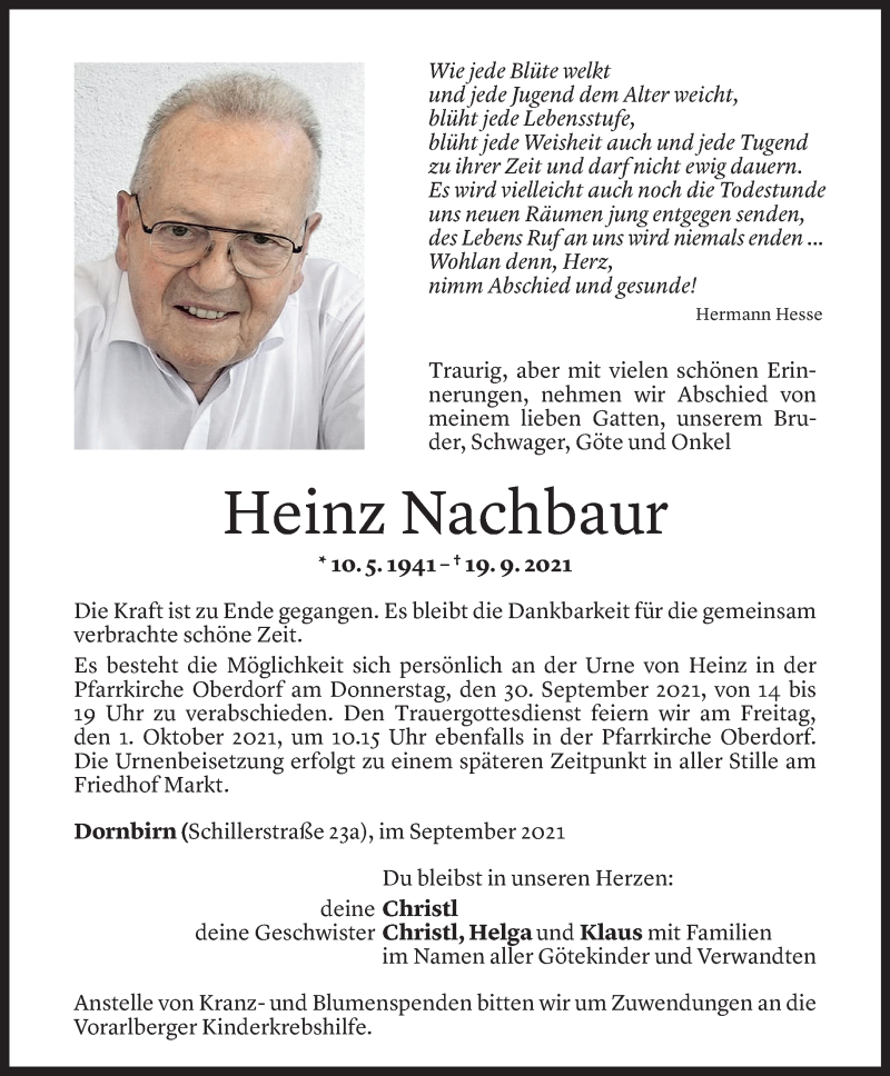  Todesanzeige für Heinz Nachbaur vom 24.09.2021 aus Vorarlberger Nachrichten