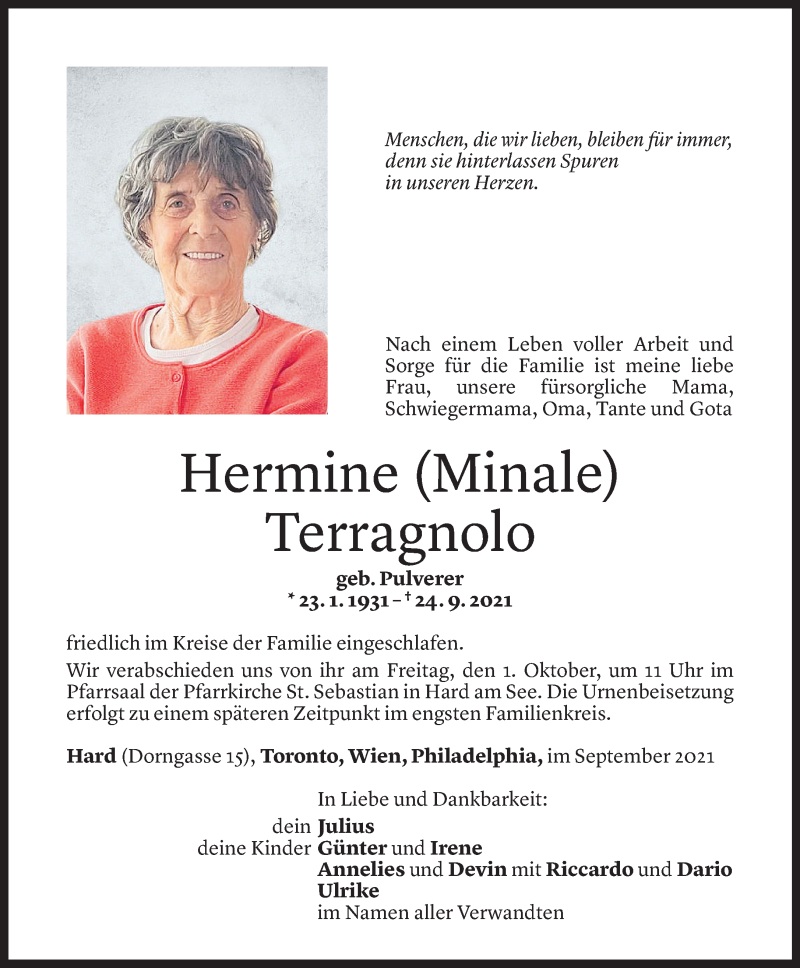  Todesanzeige für Hermine Terragnolo vom 28.09.2021 aus Vorarlberger Nachrichten