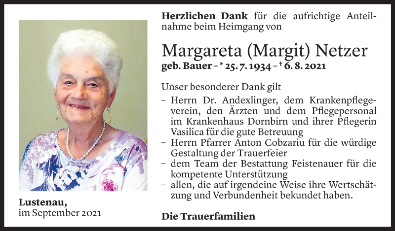  Todesanzeige für Margareta Netzer vom 01.09.2021 aus Vorarlberger Nachrichten