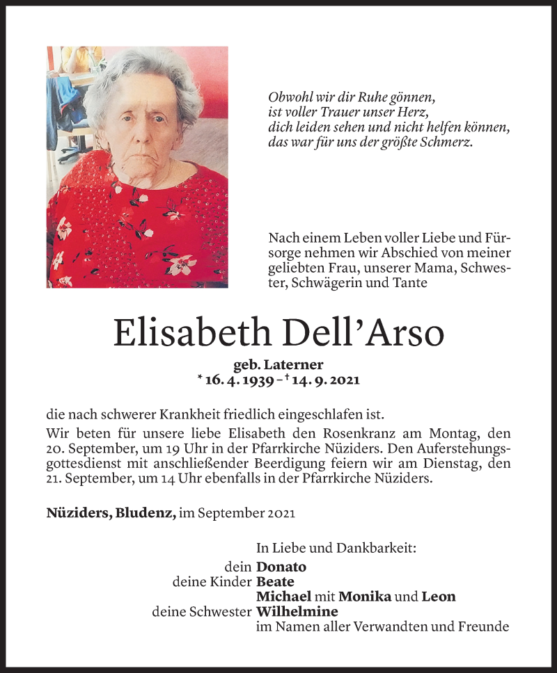  Todesanzeige für Elisabeth Dell'Arso vom 18.09.2021 aus Vorarlberger Nachrichten