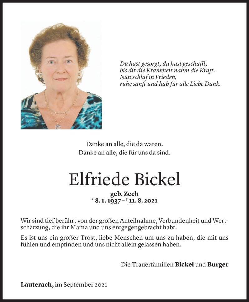  Todesanzeige für Elfriede Bickel vom 17.09.2021 aus Vorarlberger Nachrichten