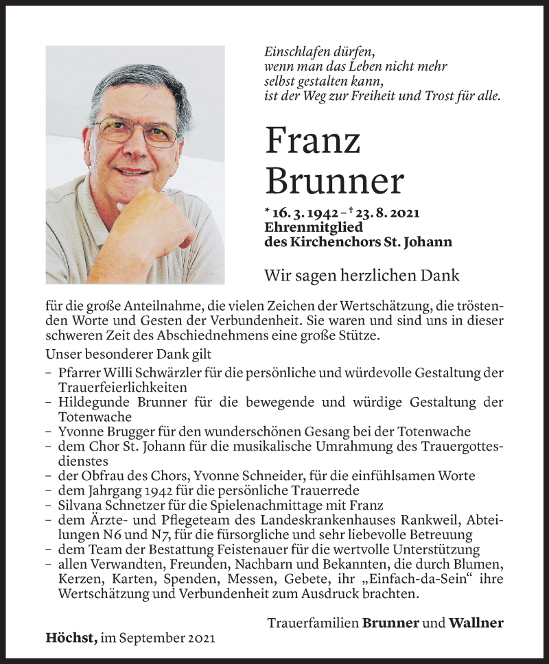  Todesanzeige für Franz Brunner vom 20.09.2021 aus Vorarlberger Nachrichten