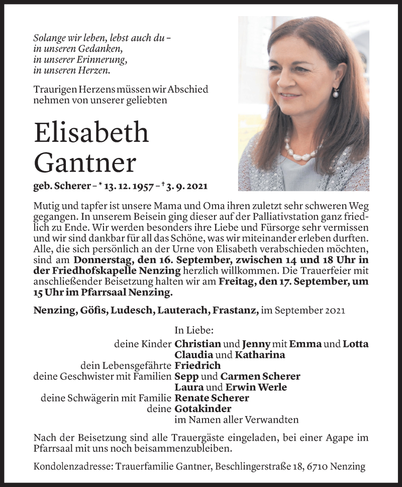  Todesanzeige für Elisabeth Gantner vom 14.09.2021 aus Vorarlberger Nachrichten