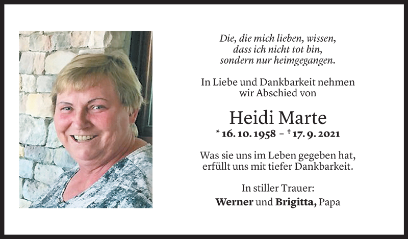  Todesanzeige für Heidi Marte vom 23.09.2021 aus Vorarlberger Nachrichten
