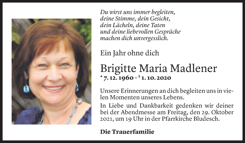  Todesanzeige für Brigitte Maria Madlener vom 30.09.2021 aus Vorarlberger Nachrichten