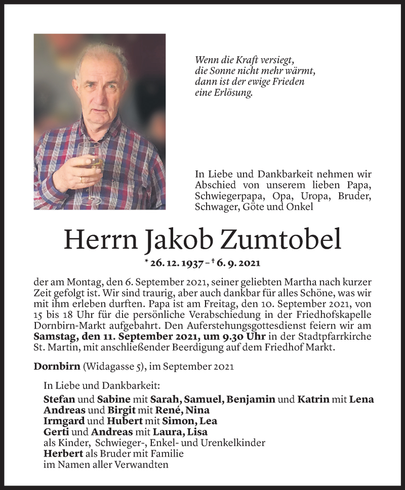  Todesanzeige für Jakob Zumtobel vom 08.09.2021 aus Vorarlberger Nachrichten