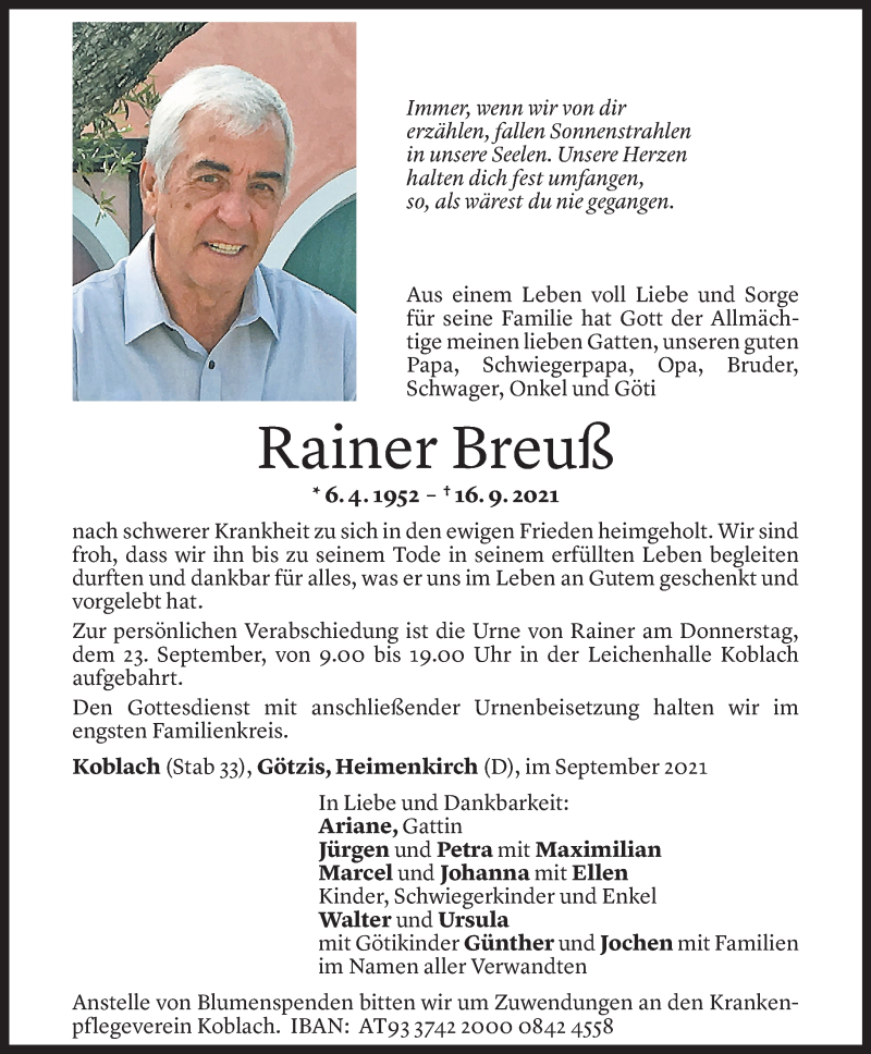  Todesanzeige für Rainer Breuß vom 21.09.2021 aus Vorarlberger Nachrichten