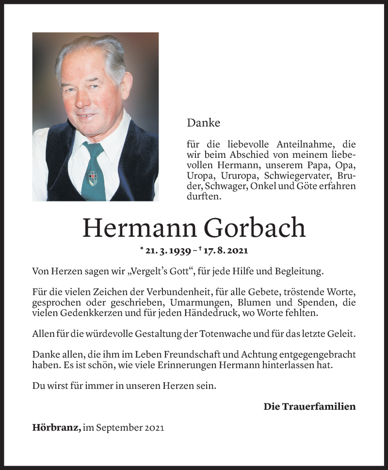  Todesanzeige für Hermann Gorbach vom 10.09.2021 aus Vorarlberger Nachrichten
