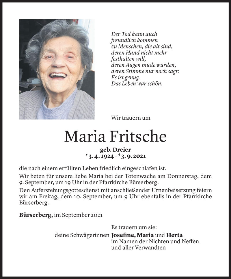  Todesanzeige für Maria Fritsche vom 07.09.2021 aus Vorarlberger Nachrichten