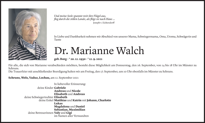  Todesanzeige für Marianne Walch vom 14.09.2021 aus Vorarlberger Nachrichten