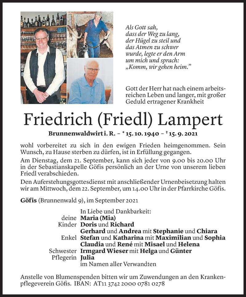  Todesanzeige für Friedrich Lampert vom 18.09.2021 aus Vorarlberger Nachrichten