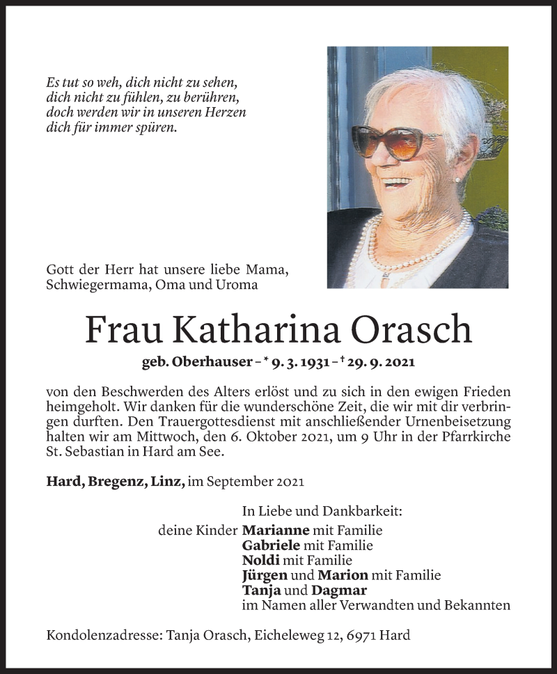  Todesanzeige für Katharina Orasch vom 01.10.2021 aus Vorarlberger Nachrichten