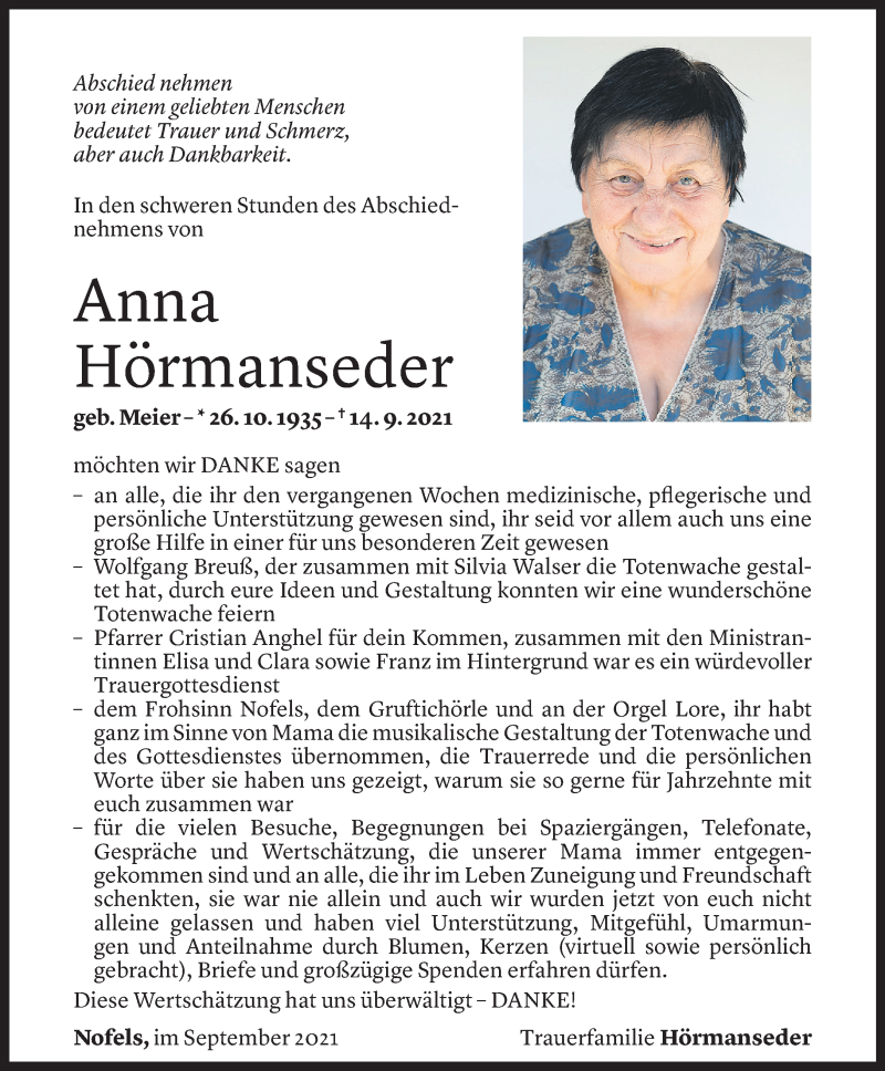  Todesanzeige für Anna Hörmanseder vom 28.09.2021 aus Vorarlberger Nachrichten