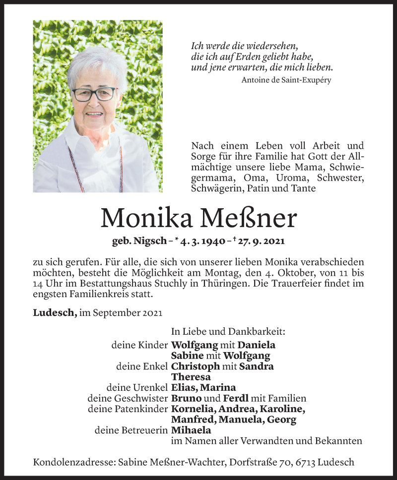  Todesanzeige für Monika Meßner vom 02.10.2021 aus Vorarlberger Nachrichten