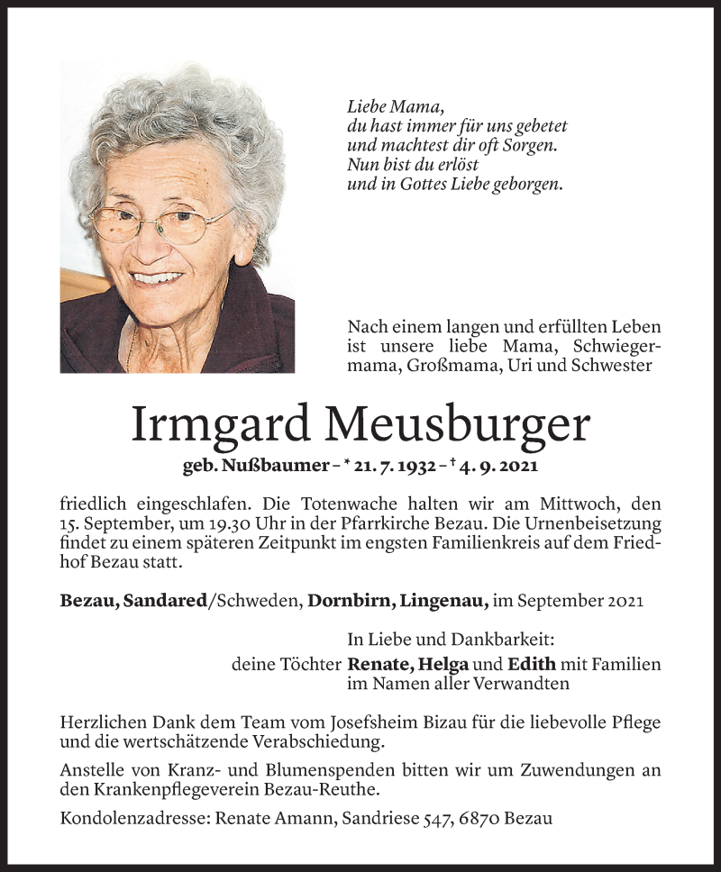  Todesanzeige für Irmgard Meusburger vom 12.09.2021 aus Vorarlberger Nachrichten