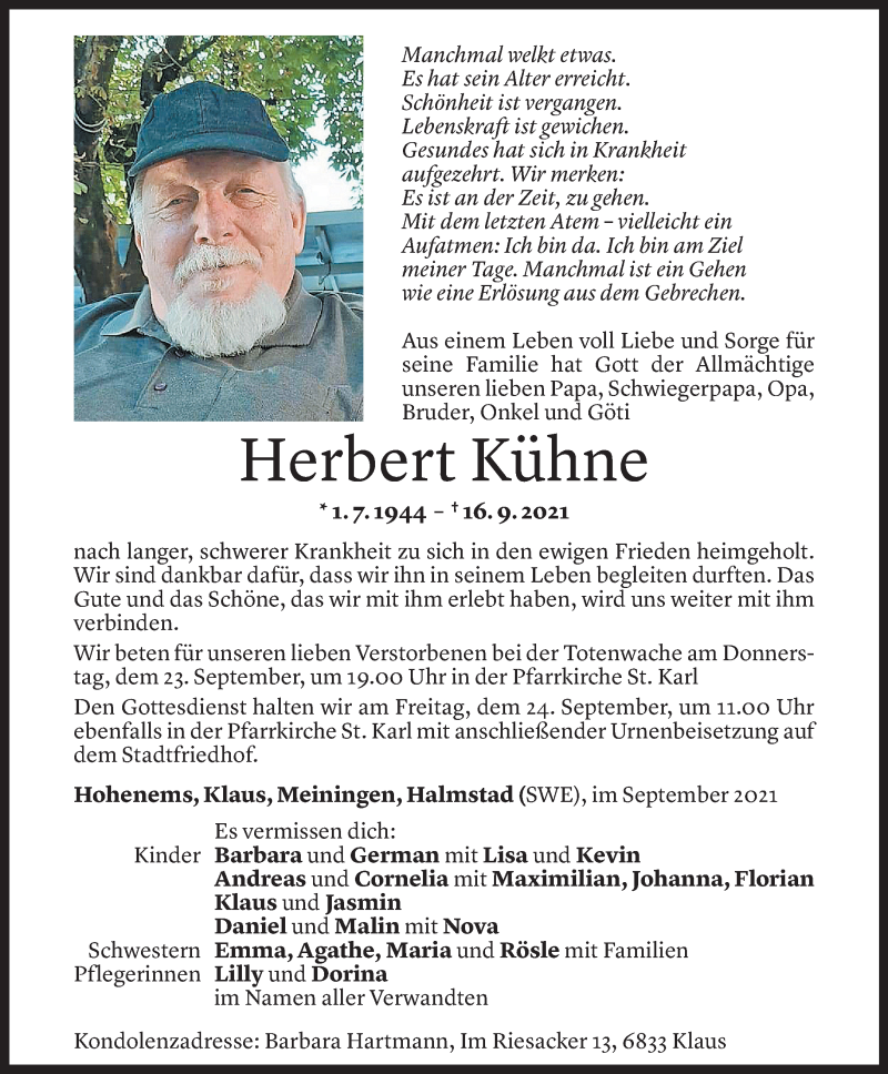  Todesanzeige für Herbert Kühne vom 21.09.2021 aus Vorarlberger Nachrichten
