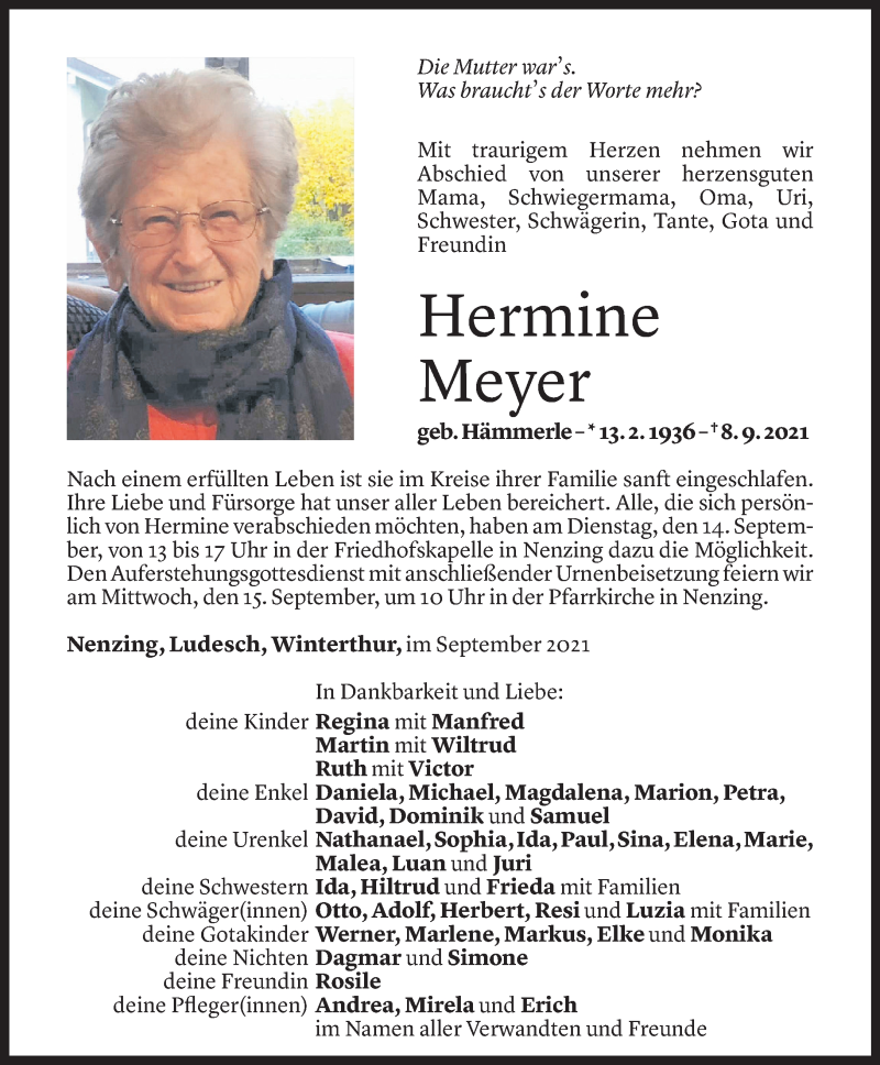  Todesanzeige für Hermine Meyer vom 11.09.2021 aus Vorarlberger Nachrichten