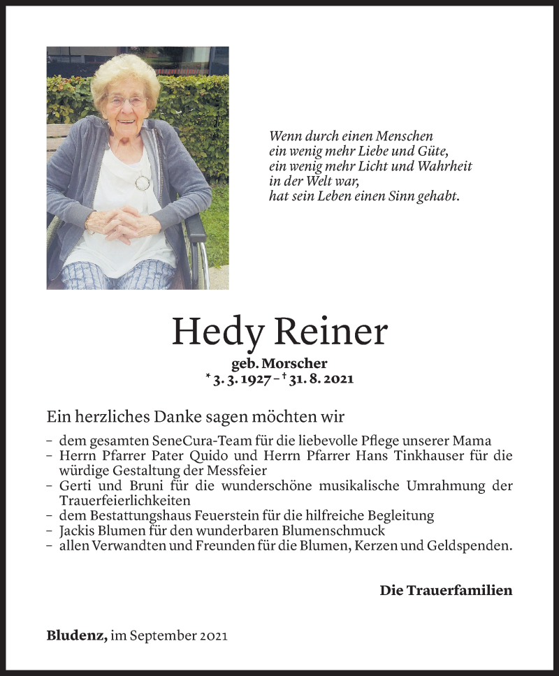  Todesanzeige für Hedy Reiner vom 24.09.2021 aus Vorarlberger Nachrichten