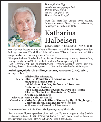 Todesanzeige von Katharina Halbeisen von Vorarlberger Nachrichten