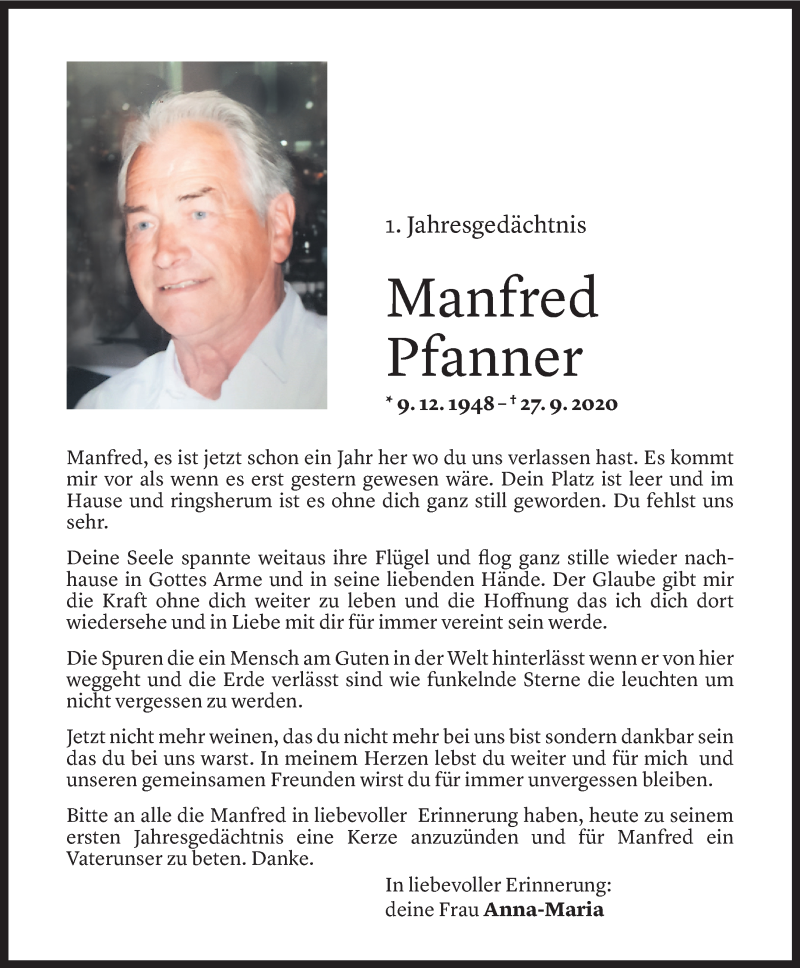  Todesanzeige für Manfred Pfanner vom 26.09.2021 aus Vorarlberger Nachrichten