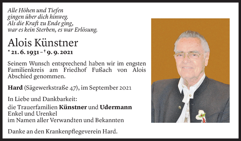  Todesanzeige für Alois Künstner vom 16.09.2021 aus Vorarlberger Nachrichten